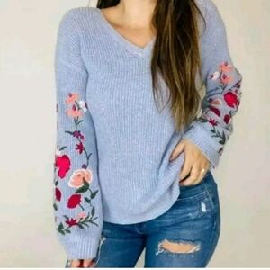 American Eagle blue embroidered v neck sweater size S